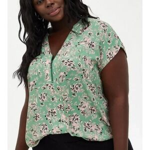 Torrid Womens 4X Georgette Zip-Front Dolman Blouse Green Pink Floral Lightweight